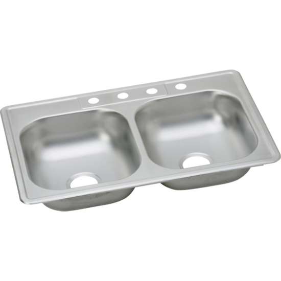 K233224 Stainless Steel Double Bowl Top Mount Sink with 4 Faucet Holes in Satin