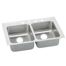 Lustertone Classic Stainless Steel 33" X 21-1/4" X 5-1/2" 4-Hole Equal Double Bowl Drop-In Ada Sink With Quick-Clip, LRADQ3321554