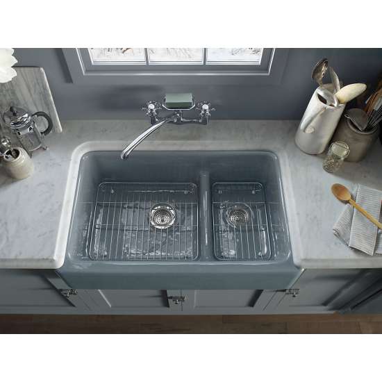 Whitehaven K-6427-7 Self-Trimming Smart Divide 35-11/16in X 21-9/16in X 9-5/8in Under-Mount Large/Medium Double-Bowl Kitchen Sink with Tall Apron in Black Black