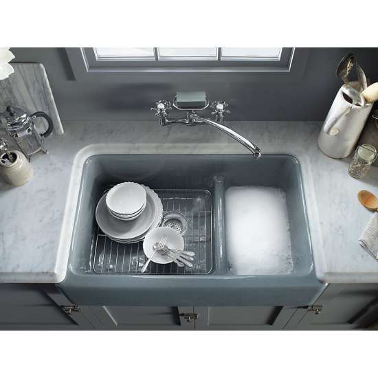 Whitehaven K-6427-7 Self-Trimming Smart Divide 35-11/16in X 21-9/16in X 9-5/8in Under-Mount Large/Medium Double-Bowl Kitchen Sink with Tall Apron in Black Black