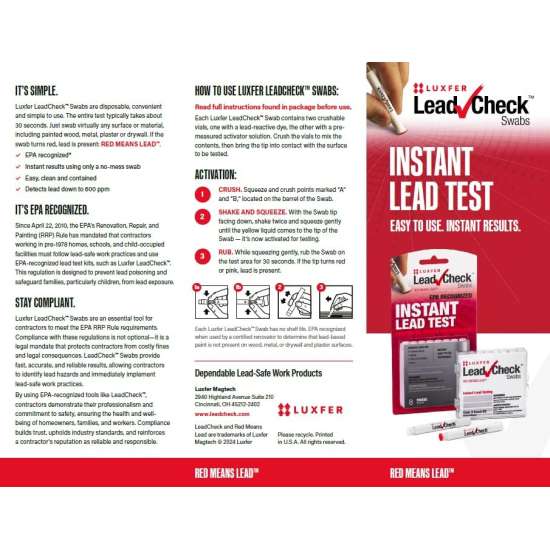 Luxfer LeadCheck Lead Test Kit Includes 6-Pack 8Pcs Lead Test Swabs – EPA Recognized Home Safe Testing Kits – Instant Results – Rapid and Easy to Use – Ideal for Painting, Construction, Multi-Surface