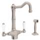 Single Hole Column Spout Kitchen Faucet With Porcelain Lever Sidespray In Satin Nickel
