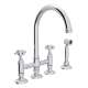 Deck Mount C-Spout 3 Leg Bridge Kitchen Faucet With Sidespray And Cross Handle In Polished Chrome