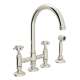 Deck Mount C-Spout 3 Leg Bridge Kitchen Faucet With Sidespray And Cross Handle In Polished Nickel