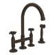 Deck Mount C-Spout 3 Leg Bridge Kitchen Faucet With Sidespray And Cross Handle In Tuscan Brass