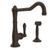 Single Hole Column Spout Kitchen Faucet With Sidespray And Extended Spout With Metal Lever Handle In Tuscan Brass