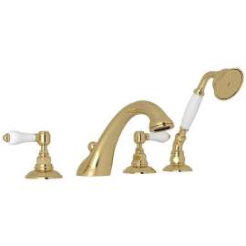 4-Hole Deck Mount C-Spout Tub Filler with Porcelain Lever Handshower in Unlacquered Brass