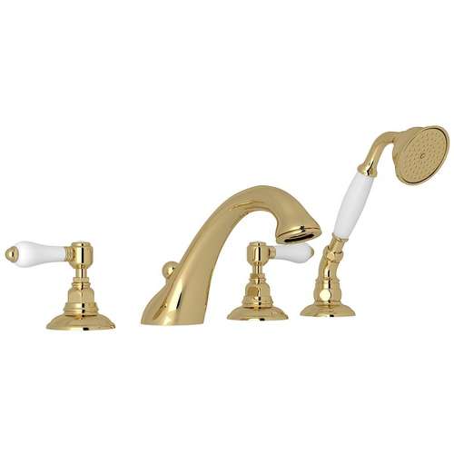 4-Hole Deck Mount C-Spout Tub Filler with Porcelain Lever Handshower in Unlacquered Brass