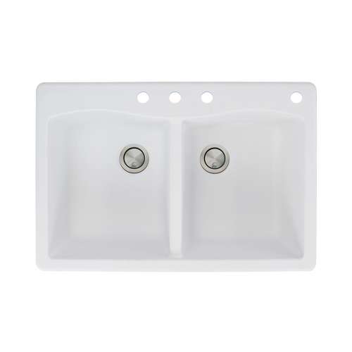 Samuel Mueller Adagio 33in x 22in silQ Granite Drop-in Double Bowl Kitchen Sink with 4 CBDE Faucet Holes, In White