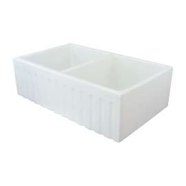 K-SMFUDF332010 Langdon 33-in x 20-in x 10-in Reversible (Fluted/Plain) Front Equal Double Bowls Farmhouse Undermount Fireclay Kitchen Sink Kit With Bottom Sink Grids, Flip-Top Sink Strainer, And Flip-Top Disposer Strainer, White