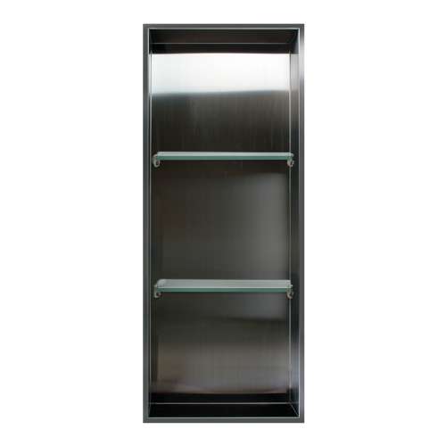 SMSTV3414-BS 14-in x 4-in x 34-in Recessed Stainless Steel Vertical Shower Storage Pod With Two Shelves, Brushed Stainless