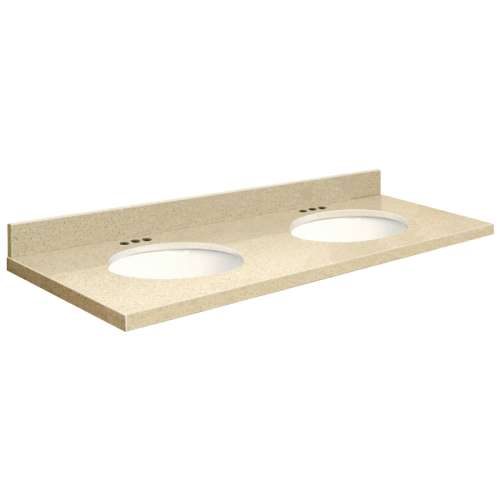 61in x 22in 2cm Thick Quartz Vanity Top with Double Bowl, Eased Edge Profile and 4in Spread Faucet Holes in Natures Path