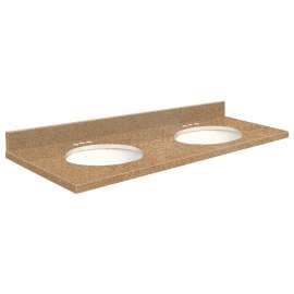 61in x 22in 2cm Thick Quartz Vanity Top with Double Bowl, Butterfly Edge Profile and 4in Spread Faucet Holes in Umbria Brown