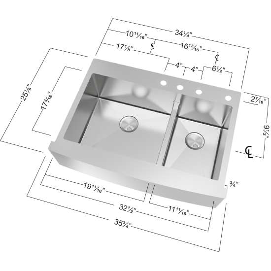 16 Gauge 60/40 Double Micro Edge Dual Mount Stainless Steel Sink Bowls with Low Divide 35.75