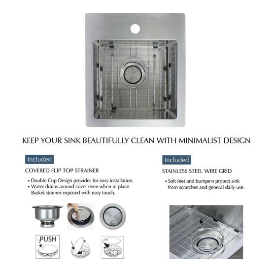 15-in x 17-in x 10-in 16 Gauge Single Bowl, Stainless Steel Kitchen Sink, Micro Edge Dual Mount Installation, with 3 Holes