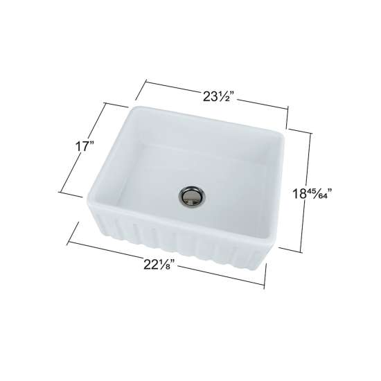 23.5-in x 19-in x 9-in Single Bowl with Reversible (Fluted/Plain) Front, Farmhouse Fireclay Kitchen Sink, Undermount Installation, in White with Grid, Strainer, Installation Kit