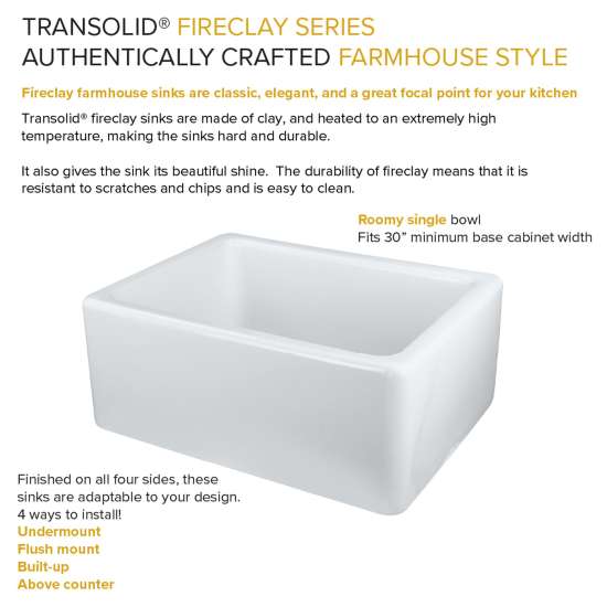 24 in. X 18 in. X 10 in. Single Bowl, Farmhouse Fireclay Kitchen Sink, Undermount Installation, In White