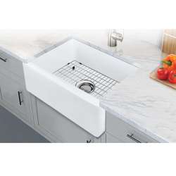 24-in x 18-in x 10-in Single Bowl, Farmhouse Fireclay Kitchen Sink, Undermount Installation, in White with Grid, Strainer, Installation Kit