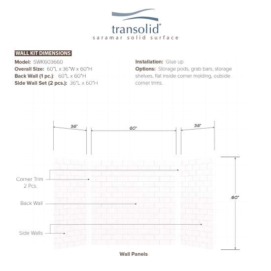 SaraMar 36-In X 60-In X 60-In Glue to Wall 3-Piece Tub Wall Kit