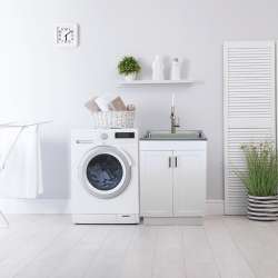 24-in White Laundry Cabinet with Pull-Out Basket, Stainless Steel Sink, and Stainless Steel High Arc Faucet