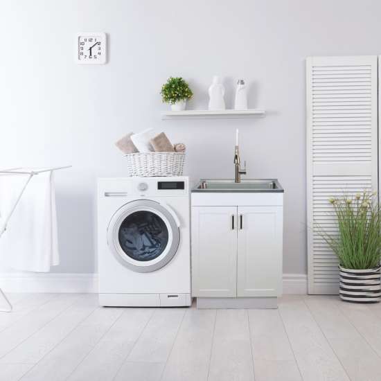 24-in White Laundry Cabinet with Stainless Steel Sink, Stainless Steel High Arc Faucet, Magnetic Sink Accessories, and Drain Installation Kit