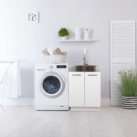 24-in White Laundry Cabinet with 9-in Handmade Stainless Steel Sink, Stainless Steel High Arc Faucet in White