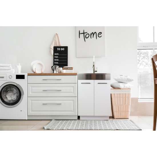 24-in White Laundry Cabinet with 9-in Handmade Stainless Steel Sink, Stainless Steel High Arc Faucet in White