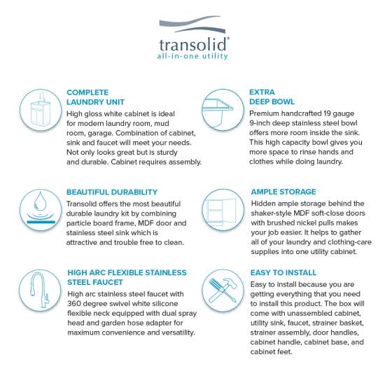 24-in White Laundry Cabinet with 9-in Handmade Stainless Steel Sink, Stainless Steel High Arc Faucet in White