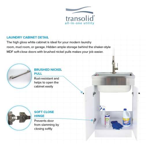 24-in White Laundry Cabinet with 9-in Handmade Stainless Steel Sink, Stainless Steel High Arc Faucet in White