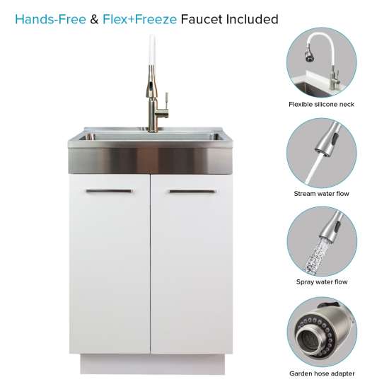 24-in White Laundry Cabinet with 9-in Handmade Stainless Steel Sink, Stainless Steel High Arc Faucet in White