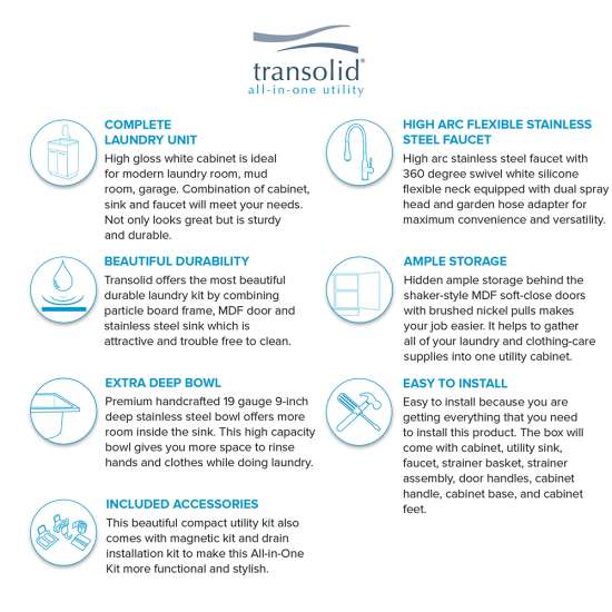 24-in White Laundry Cabinet with Pull-Out Basket, Handmade Stainless Steel Sink, and Stainless Steel High Arc Faucet