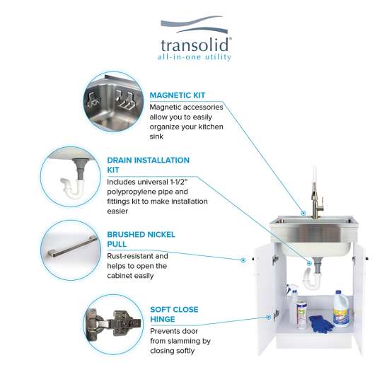 24-in White Laundry Cabinet with Pull-Out Basket, Handmade Stainless Steel Sink, and Stainless Steel High Arc Faucet