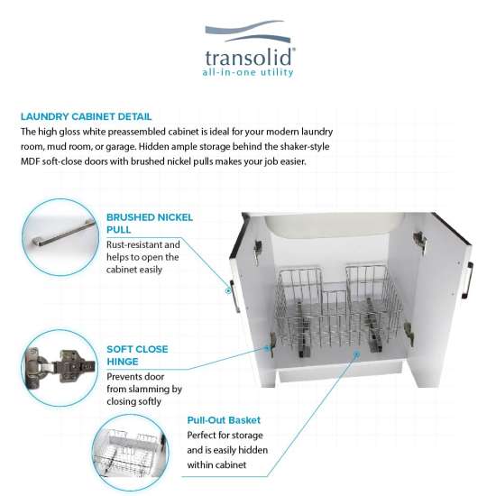 24-in White Laundry Cabinet with Pull-Out Basket, Handmade Stainless Steel Sink, and Stainless Steel High Arc Faucet