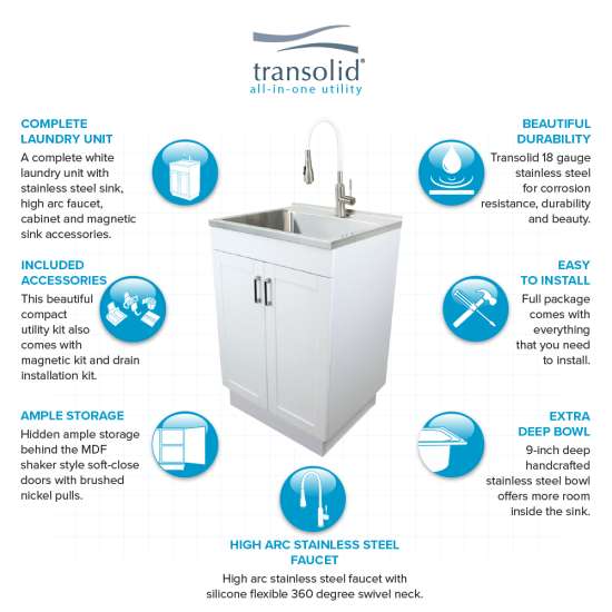 24-in White Laundry Cabinet with Stainless Steel Sink, Stainless Steel High Arc Faucet, Magnetic Sink Accessories, and Drain Installation Kit