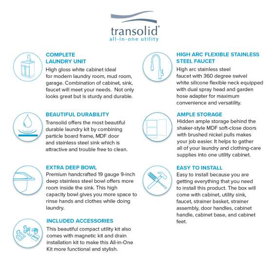 24-in White Laundry Cabinet with Stainless Steel Sink, Stainless Steel High Arc Faucet, Magnetic Sink Accessories, and Drain Installation Kit