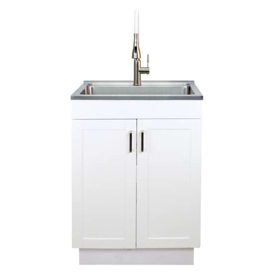 24-in White Laundry Cabinet with Stainless Steel Sink, Stainless Steel High Arc Faucet, Magnetic Sink Accessories, and Drain Installation Kit