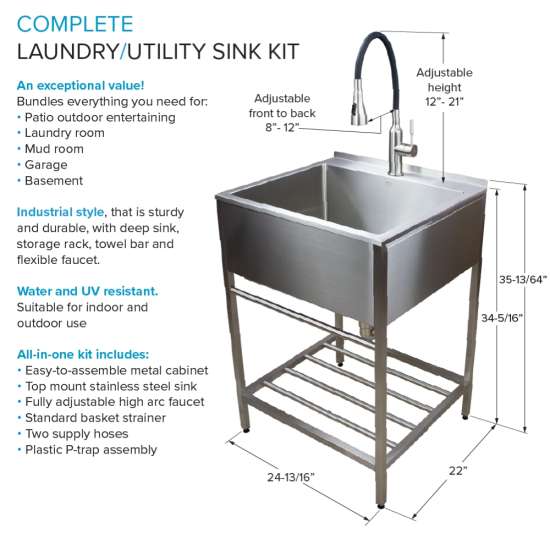 25 in. x 22 in. x 34.3 in. Stainless Steel Laundry Sink with Wash Stand and Faucet in Brushed Satin
