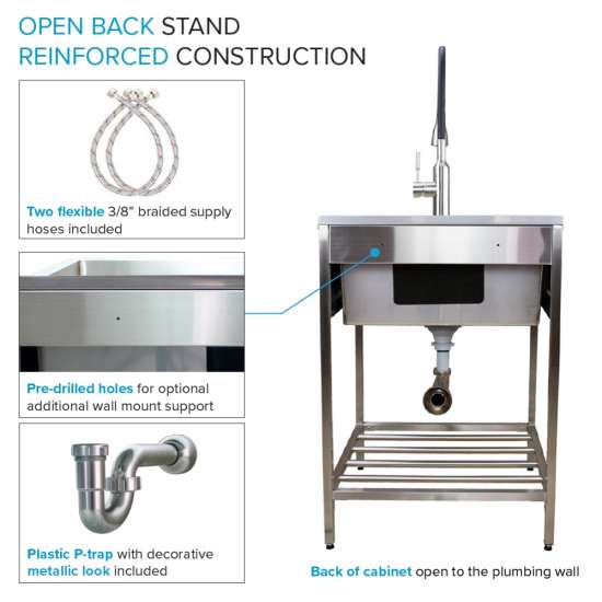 25 in. x 22 in. x 34.3 in. Stainless Steel Laundry Sink with Wash Stand and Faucet in Brushed Satin