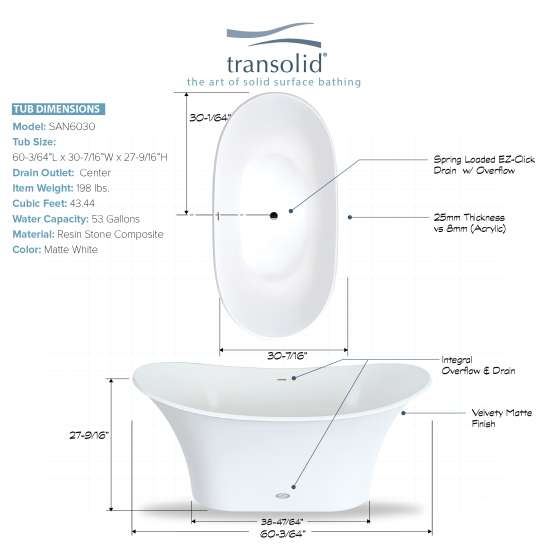 Anais 60-in L x 30-in W x 27.5-in H Resin Stone Freestanding Bathtub with center drain, in White