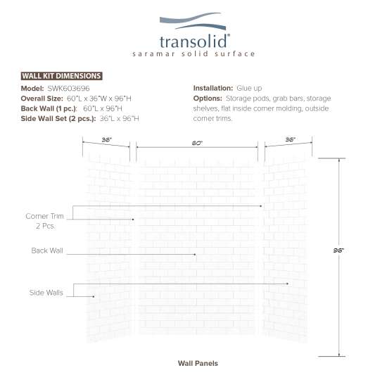 SWK603696-21 SaraMar 36-In X 60-In X 96-In 3-Piece Shower Wall Trimmable Kit, In White