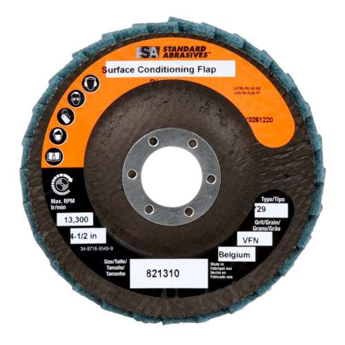 7000121835 Standard Abrasives™ Surface Conditioning Flap Disc, 821310, 4-1/2 in x 7/8 in VFN, 5/Carton, 50 ea/Case