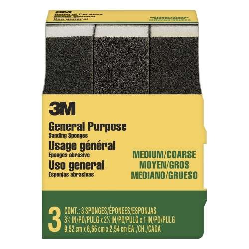 7010312225 General Purpose Sanding Sponge 909NA-3P-CC, 3 3/4 in x 2 5/8 in x 1 in, Dual Grit, Medium/Coarse, 3 sponges/pack, 6 pks/cs