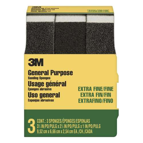 7010335348 General Purpose Sanding Sponge 907NA-3P-CC, 3 3/4 in x 2 5/8 in x 1 in, Dual Grit, Extra Fine/Fine, 3 spgs/pack, 6 pks/cs