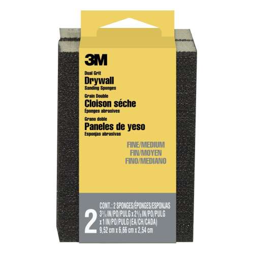 7010340441 Drywall Sanding Sponge 19093, Dual Grit Block, 2 5/8 in x 3 3/4 in x 1 in, Fine/Medium grit, 2/pk, 12 pks/cs