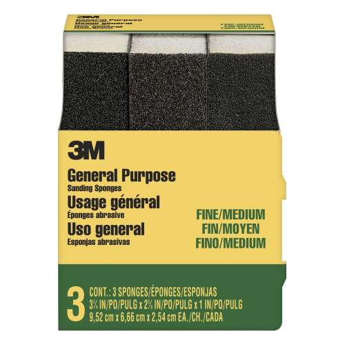 7010375224 General Purpose Sanding Sponge 908NA-3P-CC, 3 3/4 in x 2 5/8 in x 1 in, Dual Grit, Fine/Medium, 3 sponges/pack, 6 pks/cs