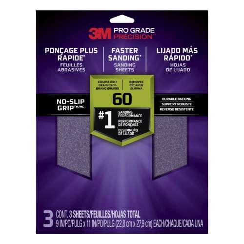 7010417000 Pro Grade Precision™ Faster Sanding Sanding Sheets 60 grit Coarse, 26060TRI-3, 9 in x 11 in, 3/pk
