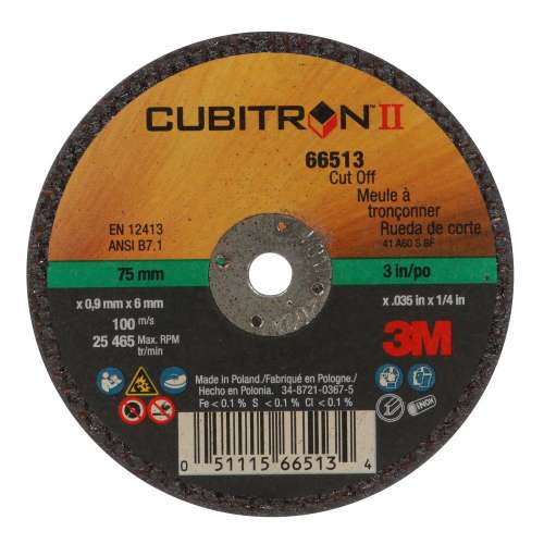 7100094770 Cubitron™ II Cut-Off Wheel, 66513, 60, Type 1, 3 in x 0.035 in x 1/4 in, 25/Carton, 50 ea/Case