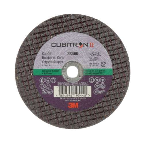 7100101771 Cubitron™ II Cut-Off Wheel, 33460, 100 mm x 1 mm x 9.53 mm (4 in. x 0.04 in x 3/8 in), 5 wheels per carton, 6 cartons per case