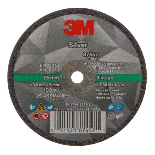 7100138406 Silver Cut-Off Wheel, 87457, T1, 3 in x .035 in x 1/4 in, 50 ea/Case