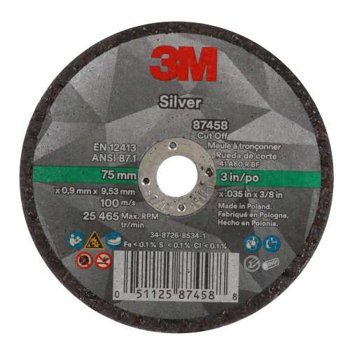 7100139208 Silver Cut-Off Wheel, 87458, T1, 3 in x .035 in x 3/8 in, 50 ea/Case